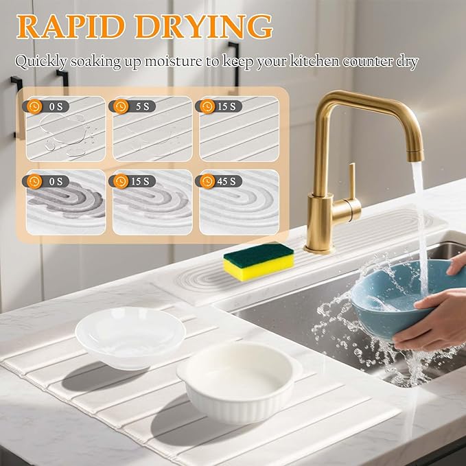 2-in-1 Stone Drying Mat Kit – Faucet Mat for Kitchen Sink & Drying Stone for Countertop, Quick Dry Diatomaceous Earth Dish Mat Set, Foldable & Non-Slip for Dishes & Bottles