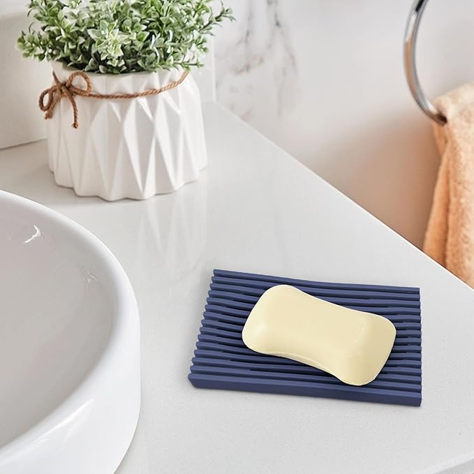 Aoheuo Modern Minimalist Soap Dish (2Pack),Drainage Silicone Soap Holder,5.5 Long by 3.15 Wide,0.55 inches high,Used for Kitchen, Bathroom,and Bar Sink(Blue,Blue)