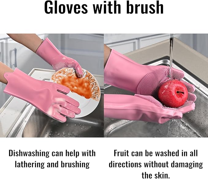 Silicone Dishwashing Gloves, Kitchen Gloves for Washing Dishes Reusable Waterproof Dishwashing with Cleaning Brush