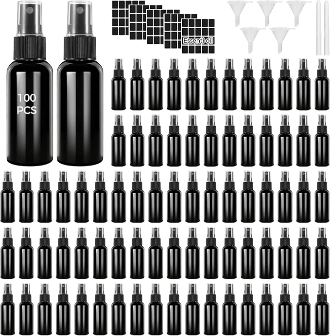 ZALIR 100 Pcs Black 1 oz Spray Bottles Set with Black Stickers and Funnels - 30ml Refillable Spray Bottles with Fine Mist Sprayer for Essential Oils, Bath, Beauty, Cleaning Solutions