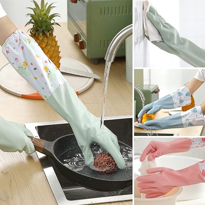 3pcs Dishwashing Cleaning Gloves, Waterproof Reusable Kitchen Long Gloves, Latex-Free Household Gloves for Laundry, Cleaning, Working, Gardening