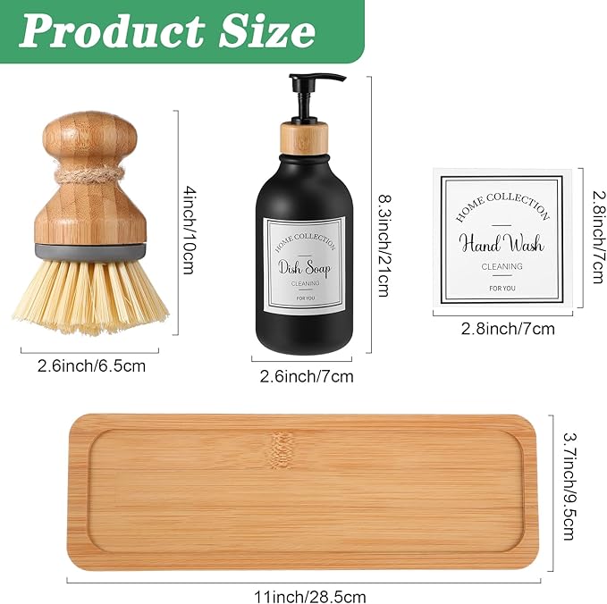Zopeal 4 Pcs 16 oz Kitchen Soap Dispenser Set with Bamboo Tray and Dish Brush Plastic Soap Dispenser Set with Waterproof Labels for Hand Dish Lotion(Frosted Black)
