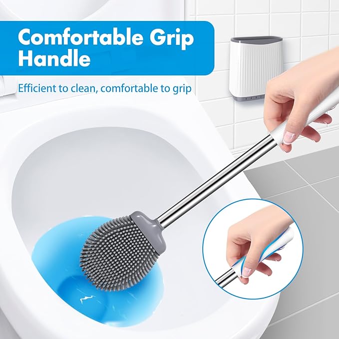 Toilet Brush, Silicone Toilet Brush and Holder Set, Flexible Toilet Bowl Brush Head with Ventilated Holder, Wall Mounted Compact Toilet Scrubber Set for Bathroom Cleaning (1, White)