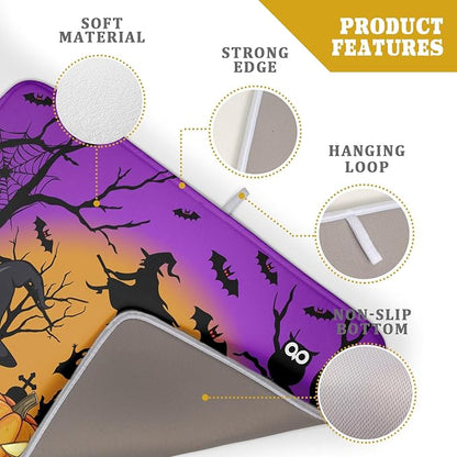 Happy Halloween Pumpkin Dish Drying Mat for Kitchen Counter,Witch Ghost Castle Bat Purple Drying Mat 18 x 24 Inch with High Absorbent Microfiber Drainer Mat for Coffee Bar