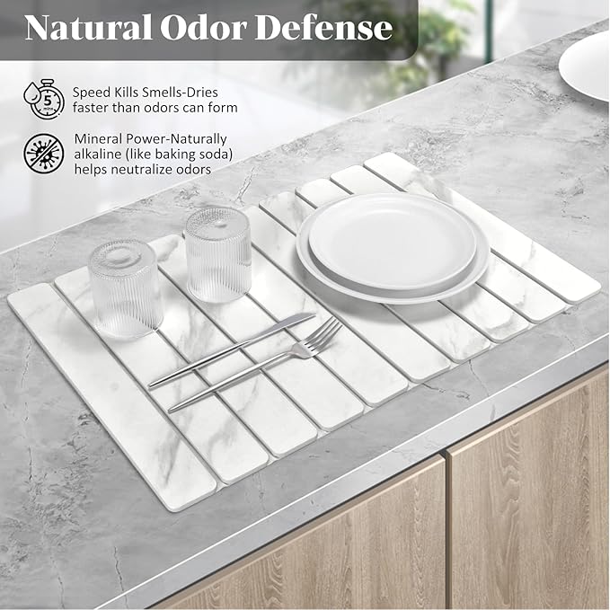 Stone Dish Drying Mats for Kitchen Counter, 24"(L)×16"(W) Marble-Pattern, Collapsible Quick Drying Dish Mats, Ultra Absorbent Diatomaceous Earth Mats for Dishes , Match Any Countertop