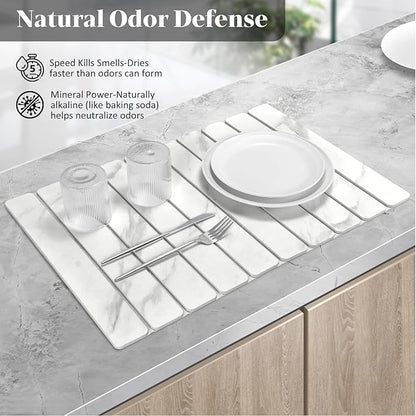 Large Stone Dish Drying Mats for Kitchen Counter, 24"(L)×16"(W) Marble-Pattern, Fast Drying Collapsible Dish Drying Mat, Eco-Friendly Absorbent Diatomaceous Earth Mats for Cups, Match Countertop