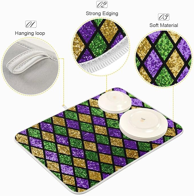 Mardi Gras Dish Drying Mat for Kitchen Gold Purple Green Buffalo Plaid Microfiber Drying Mats Absorbent Reversible Dish Pad Medium Dish Draining Mat 16x18 inch