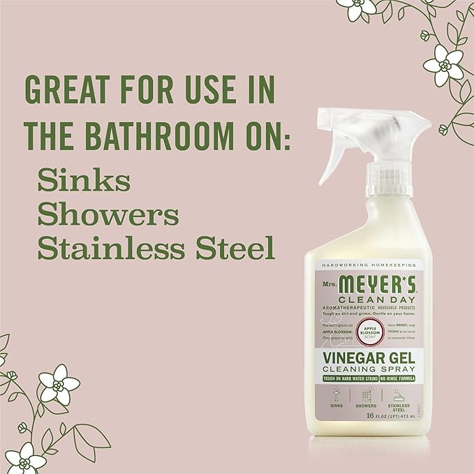 MRS. MEYER'S CLEAN DAY Vinegar Gel Cleaning Spray, Bathroom Use, No-Rinse Formula, Apple Blossom, 16 Fl Oz, (Pack of 2)