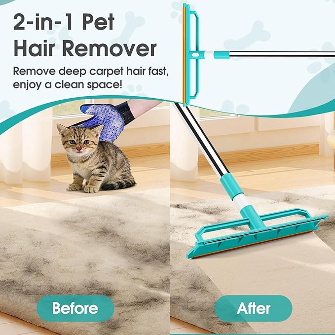 Carpet Rake for Pet Hair Removal, 2 in 1 Silicone and Copper Rake Teeth Carpet Rake with 59” Adjustable Long Handle, Reusable Pet Hair Remover Tool Kit with Carpet Scraper and Glove