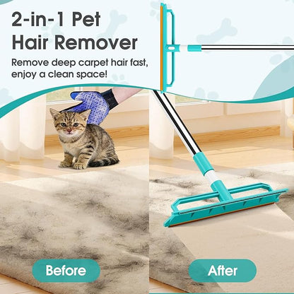 Carpet Rake for Pet Hair Removal, 2 in 1 Silicone and Copper Rake Teeth Carpet Rake with 59” Adjustable Long Handle, Reusable Pet Hair Remover Tool Kit with Carpet Scraper and Glove