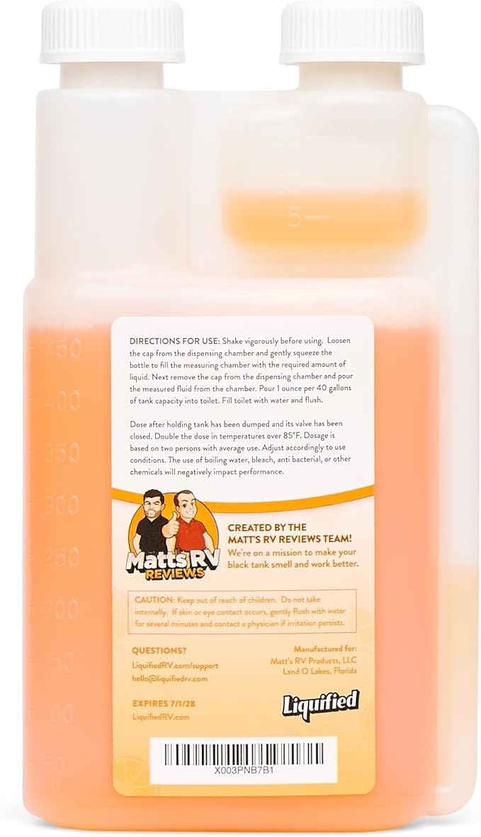 Liquified RV Toilet Treatment - Black Holding Tank Digester - Odor Eliminator - Orange Scent - Matts RV Reviews (Orange, 16oz)