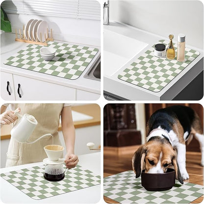 CooRug Checkered Dish Drying Mat for Kitchen Counter, Absorbent Non-Slip Coffee Mat, Heat Resistant Mat for Countertops Coffee Bar Decor 17" x 32" Green