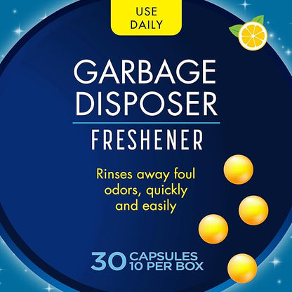 Glisten Garbage Disposer Freshener, Sink Disposal Odor Eliminator, Quick and Easy-to-Use, Lemon Scent, 30 Capsules Total