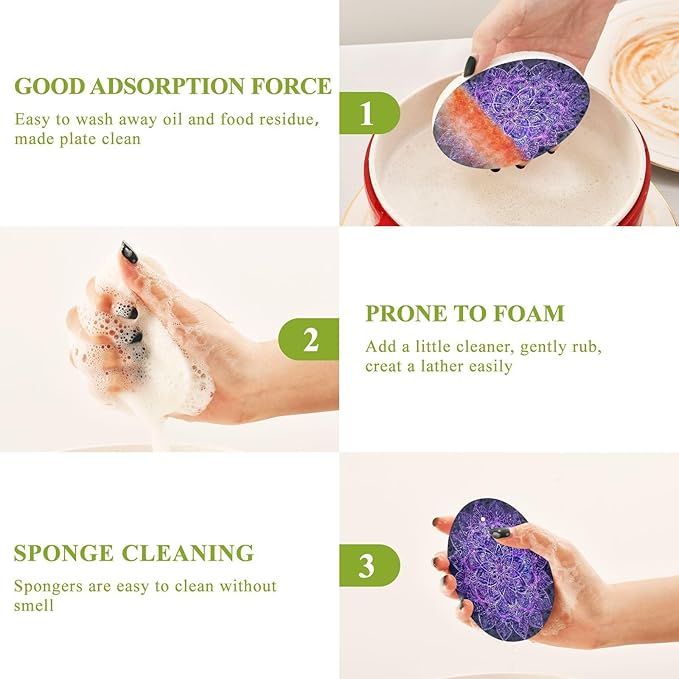 Mandala Kitchen Scrub Sponges, Pop-up Kitchen Cleaning Sponges Reusable Dish Washing Sponges for Bathroom Household Cleaning 3 Pack - Non Scratch Scrubber