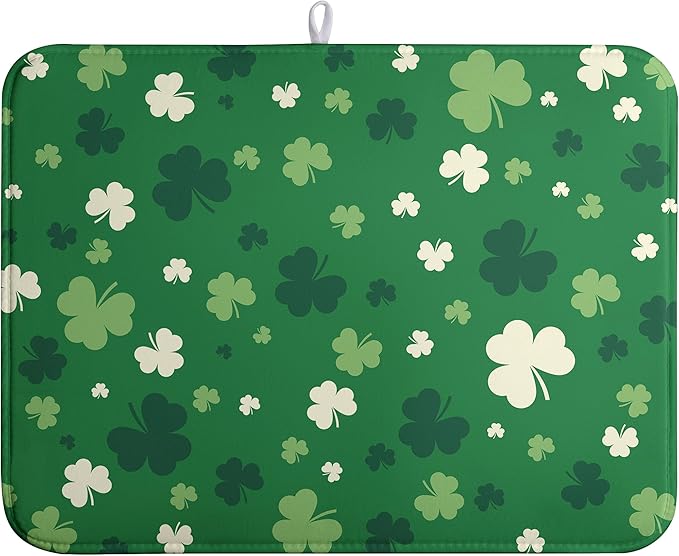 Green Shamrock St. Patrick's Day Dish Drying Mat for Kitchen Counter Lucky Clover large Dish Drying Pad Absorbent Reversible Microfiber Draining Pad Washable Drying Mats 18x24 Inch