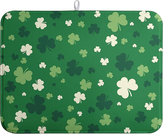 Green Shamrock St. Patrick's Day Dish Drying Mat for Kitchen Counter Lucky Clover large Dish Drying Pad Absorbent Reversible Microfiber Draining Pad Washable Drying Mats 18x24 Inch