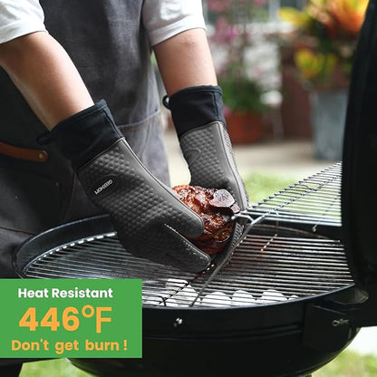 GEEKHOM BBQ Gloves Heat Resistant Oven Mitts - Silicone Grilling Gloves with 14" Long Arm Protection - Waterproof Pot Holder Non-Slip for Men & Women, Kitchen Cooking, Baking, Camping, Gray