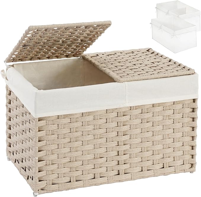 Storage Basket with Lid Rattan Woven Storage Baskets with 2 Separate Lids, 17.2 Gallon (65 L) Wicker Storage Bins Foldable 2 Removable Liner Bags Handles for Bedroom, Laundry Room Light Khaki