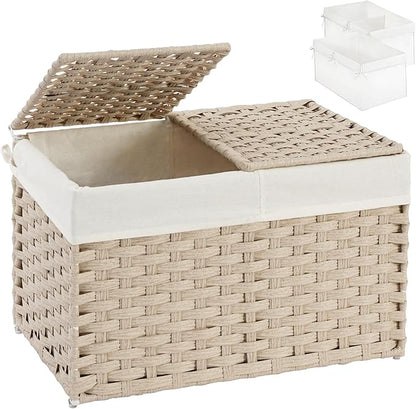 Storage Basket with Lid Rattan Woven Storage Baskets with 2 Separate Lids, 17.2 Gallon (65 L) Wicker Storage Bins Foldable 2 Removable Liner Bags Handles for Bedroom, Laundry Room Light Khaki