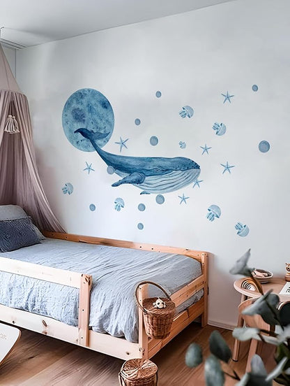 Alwayspon Blue Whale Wall Decals Vinyl Removable Wall Murals Peel and Stick Self Adhesive House Wall Sticker Decor for Bedroom Living Room Nursery