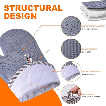 Silicone Oven Mitts, Heat Resistant Oven Gloves with Quilted Liner, Waterproof & Non-Slip Kitchen Mittens for Baking Cooking BBQ, 500°F, 13.5" Nordic Grey
