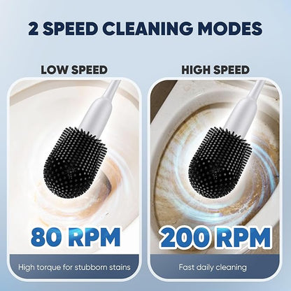 EKZ Electric Toilet Brush with UV Stain Detection, High-Torque Power, Dual-Speed (80/200 RPM), Splash-Resistant Silicone Scrubber Head, Hygienic Wall-Mount Holder, Type-C Rechargeable, White