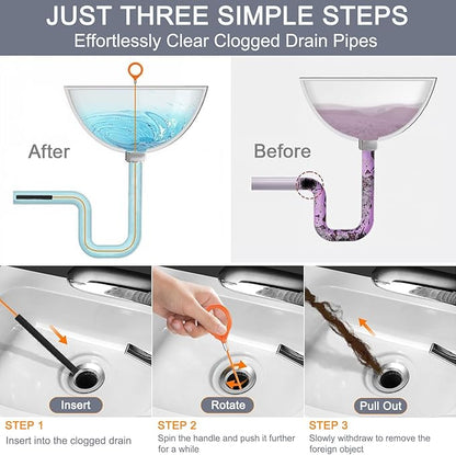 Hair Catcher Drain Auger Cleaner Tool Set - 3 × 53 Inch Sink Snake + 1 × 35 Inch Drain Clog Remover, Set For Toilet, Kitchen Sink, Bathroom Tub, Sewer，4 Pack