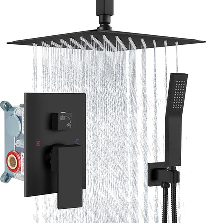 Aolemi Ceiling Mount Shower System Rain Shower Head with Handheld Spray High Pressure Shower Faucet Set Rough-in Valve Shower Trim Kit Included Bathroom Matte Black 12 Inch Ceiling Shower Head