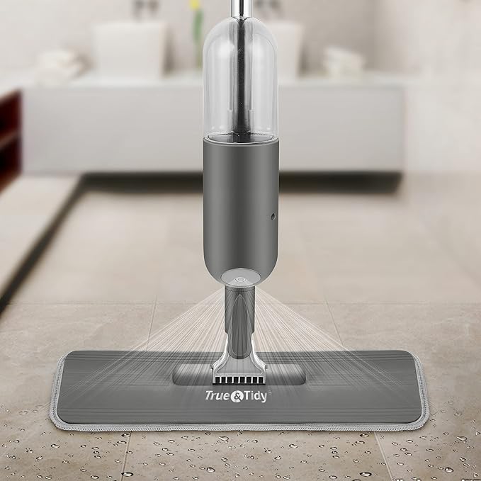 True & Tidy Spray Mop for Floor Cleaning Wet Spray Mop with 12 oz Refillable Bottle and 4 Washable Microfiber Pads Home or Commercial Use Dry Wet Flat Mop for Hardwood Laminate Wood Ceramic (Gray)