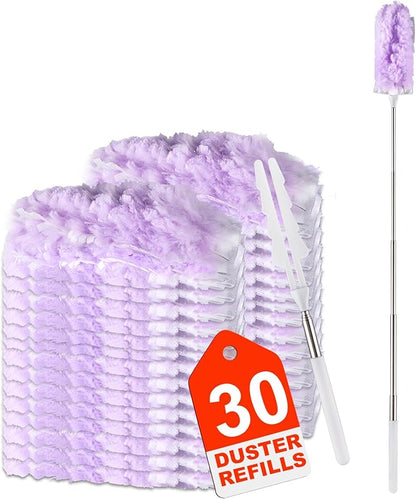 ITTAR 30 Count Duster Refill kit, Duster for Cleaning with Extension Pole, Microfiber Dust Remove Supplies, Fan Feather Dusters for Cleaning Ceiling Fan, Blinds, Furniture, Vent & Shelves-Purple