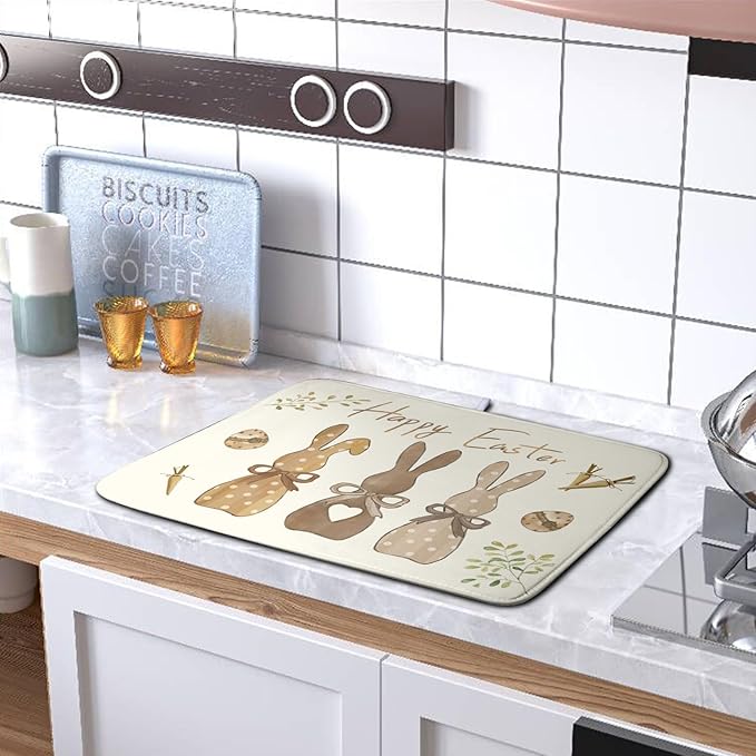 Happy Easter Bunny Dish Drying Mat Rabbits Egg Carrot Dish Pad for Kitchen Counter 18x24 Inch Microfiber Absorbent Spring Bufflao Plaid Dish Draining Mat Reusable Washable Dish Drainer Rack Mat