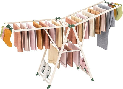 Giantex Clothes Drying Rack, Foldable Metal Laundry Drying Rack with Height Adjustable Wings, 16 Drying Rails, Sock Clips & Shoe Racks, Freestanding Clothing Stand for Indoor & Outdoor, Beige