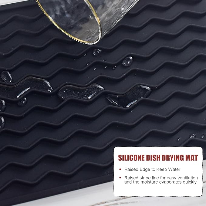 Silicone Dish Drying Mat, Non-Slip Easy Clean Sink Mat Large Heat-resistant Dish Drainer Mat for Kitchen Counter, Sink, Refrigerator or Drawer liner (12" x 6", BLACK)