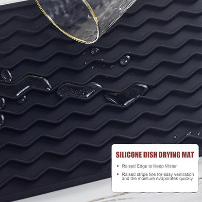Silicone Dish Drying Mat, Non-Slip Easy Clean Sink Mat Large Heat-resistant Dish Drainer Mat for Kitchen Counter, Sink, Refrigerator or Drawer liner (12" x 6", BLACK)