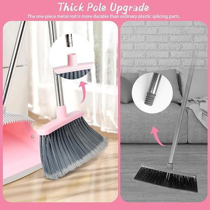 Broom and Dustpan Combo Set, Long Handle and Standing Dust Pan with Comb Teeth, Efficient Floor Cleaning for Kitchen, Outdoor, Dorm, Apartment, Office Lobby (Pink Gray)
