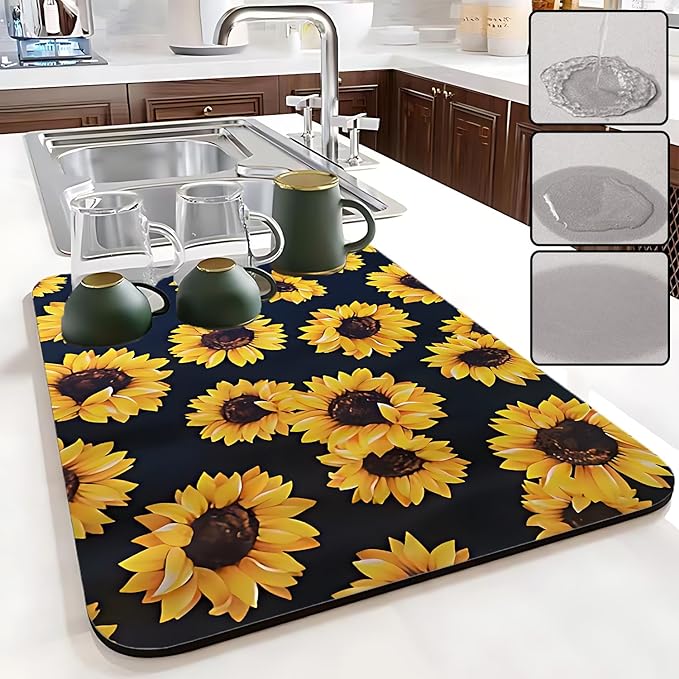 Dish Drying Mat Foldable Fall Kitchen Drying Mat Absorbent Sink Mat Multi-Purpose Coffee Pad Easy To Clean,Kitchen Gadgets,sunflower decor(sunflower) (17inches*30inches)