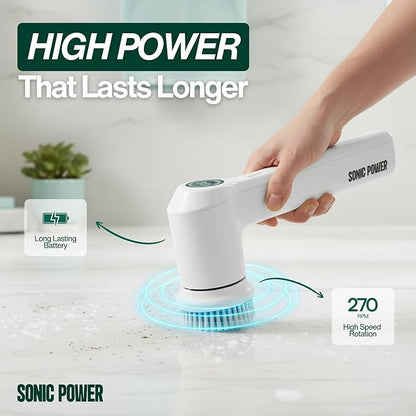 Electric Spin Scrubber – Handheld & Ergonomic, IPX7 Waterproof, 4 Multi-Purpose Brush Heads, Long-Lasting Rechargeable Battery – Cleans Dishes, Bathroom, Tile, Grout & Kitchen (White)