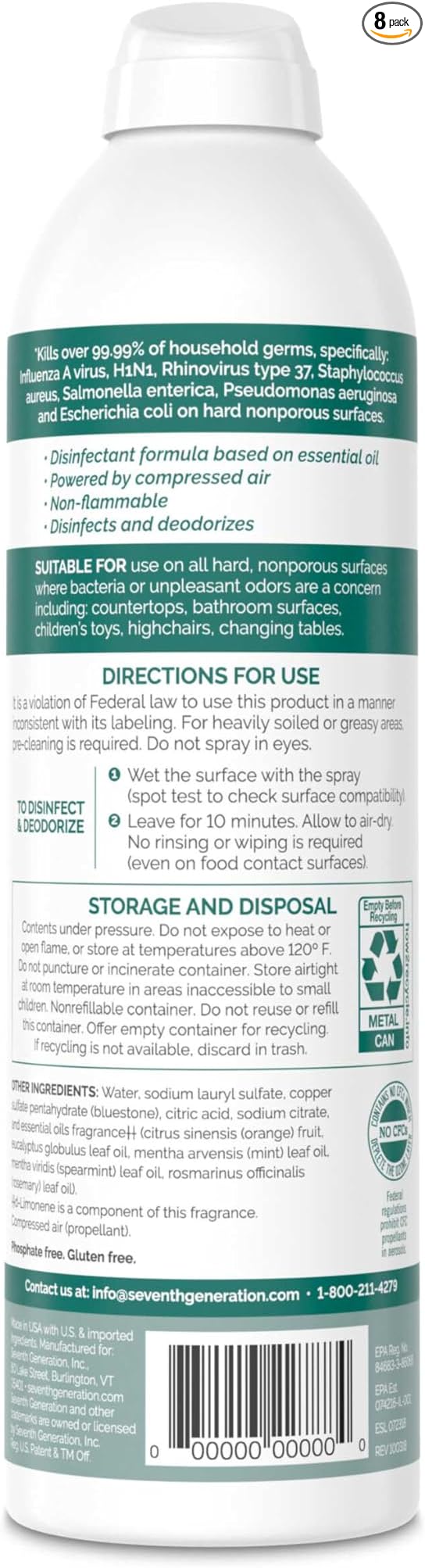 Seventh Generation Disinfecting Spray Cleaner Eucalyptus and Thyme Disinfectant 13.9 oz, Pack of 8