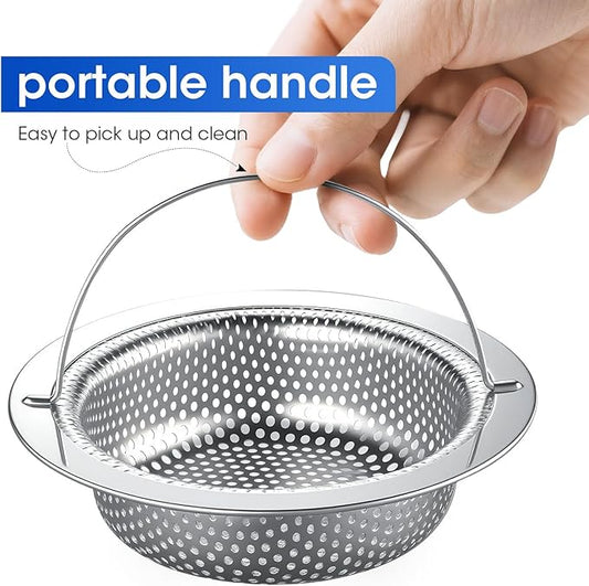 2 Pack 4.5 Inch Kitchen Sink Drain Strainer with Handle, Rustproof Stainless Steel Food Catcher, Prevents Clogged Pipes, Micro-Perforated Drain Filter for Home, Apartment and Tiny House