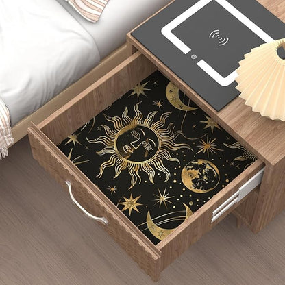 Laatse Black Peel and Stick Removable Vintage Wallpaper Gold Celestial Sun Moon Star Contact Paper 17.5" x 118" Dark Boho Mural Waterproof for Wall Bedroom Kitchen Bathroom Cabinet Room Decor