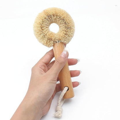 2PCS Coconut Brush Fiber Bottle Wooden Cleaning Brush, Scrub Head for Deep Pan Cleaning Washing, Sturdy Eco-Friendly with Natural Wood Handle Holder, Bristle Scrubber Set for Kitchen Dishes Vegetable