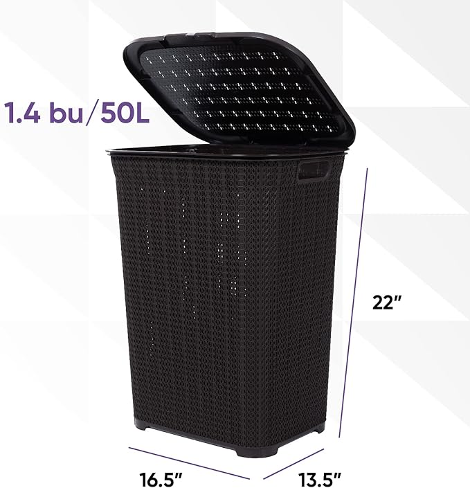 Plastic Laundry Hamper with Lid, Knit Designed Laundry Hamper Basket, 50 Liter Brown Cloths Hamper Organizer with Cut-out Handles. Space Saving for Laundry Room Bedroom Bathroom.