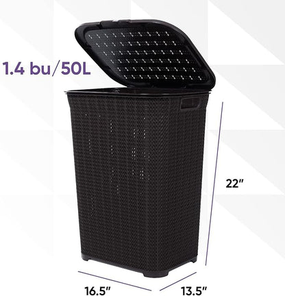 Plastic Laundry Hamper with Lid, Knit Designed Laundry Hamper Basket, 50 Liter Brown Cloths Hamper Organizer with Cut-out Handles. Space Saving for Laundry Room Bedroom Bathroom.