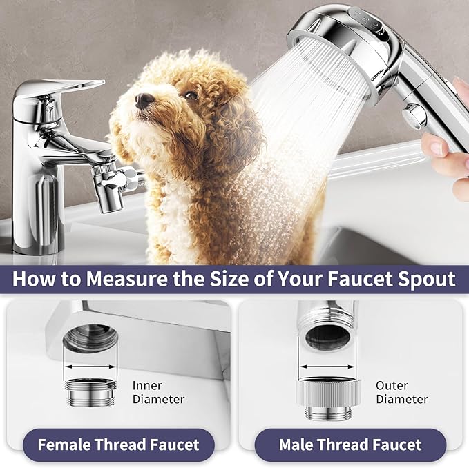 HOWUWEY Sink Hose Attachment for Faucet with 5 Adapters, Tub Faucet Sprayer Attachment, 3 Spray Modes Shower Head with ON/OFF Button, Filtered Shower Sprayer (Chrome)