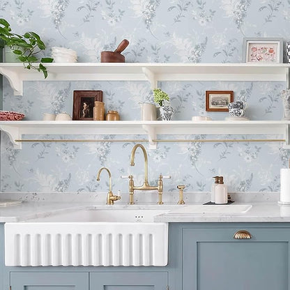 Heroad 17.3inx32.8ft Peel and Stick Wallpaper Delicate Floral Blue Wall Paper French Contact Paper for Cabinet Drawers Self Adhesive Removable Wallpaper for Bathroom Stick on Walls Decor Vinyl Roll
