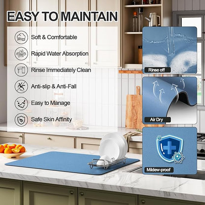 Ecotrim - Dish Drying Mat for Kitchen Counter | Coffee Bar Mat for Countertops | Heat Resistant Drainer Mat with Non-slip Rubber Backed | Hide Stain Kitchen Absorbent Draining Mat | Blue 16"x20"