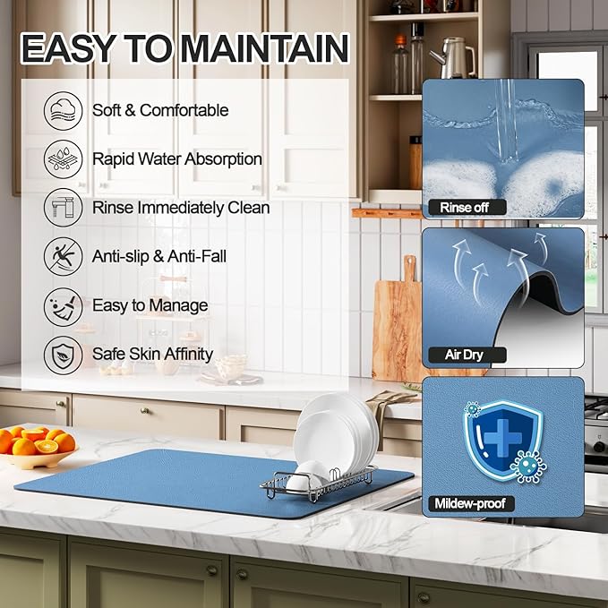 Ecotrim - Dish Drying Mat for Kitchen Counter | Coffee Bar Mat for Countertops | Heat Resistant Drainer Mat with Non-slip Rubber Backed | Hide Stain Kitchen Absorbent Draining Mat | Blue 16"x24"