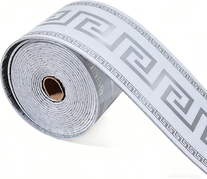 Peel and Stick Wallpaper Borders, Waterproof Self-Adhesive PVC Foam Wall Base for Kitchen Living Room Bedroom Bathroom, 3.93 Inch x 16.4 Ft (Silver)