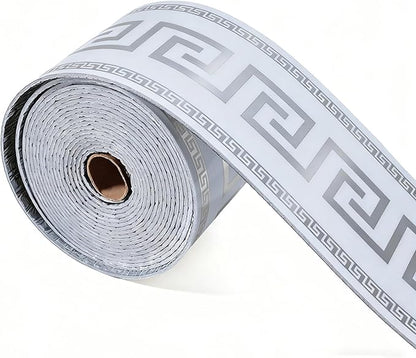 Peel and Stick Wallpaper Borders, Waterproof Self-Adhesive PVC Foam Wall Base for Kitchen Living Room Bedroom Bathroom, 3.93 Inch x 16.4 Ft (Silver)