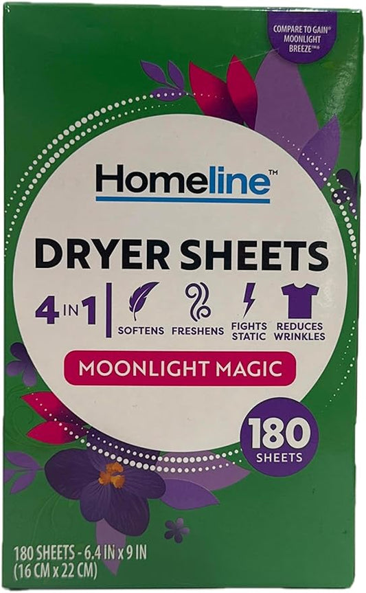 Dryer Sheets, 4-in-1, Softens Freshens Fights Static Reduces Wrinkles, 180 Sheets (Moonlight Magic)